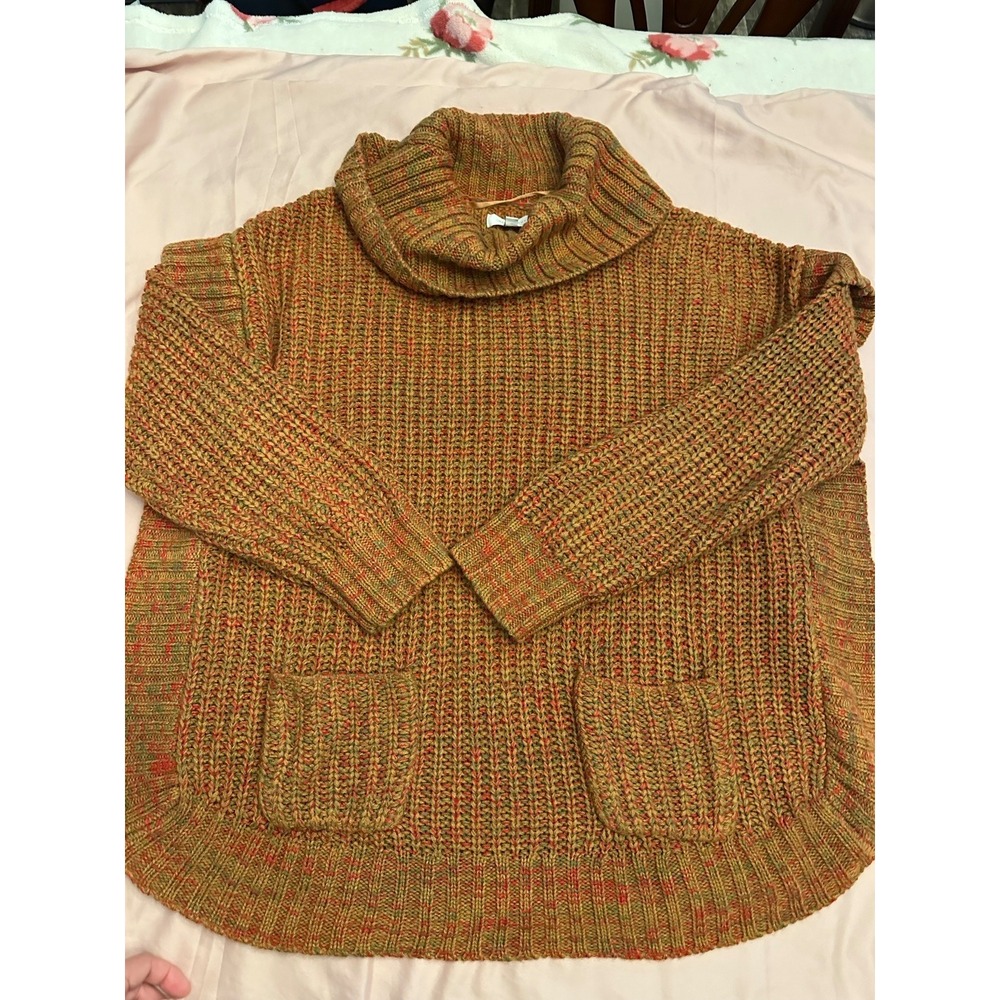 New Directions Women 2X Cowl Neck Poncho Sweater Orange Chunky Knit Pockets